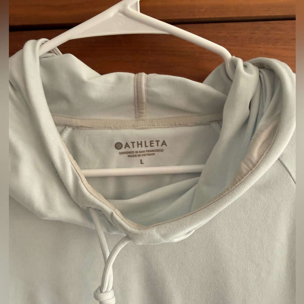 Athleta Hoodie Women’s‎ Large Light Blue Funnel Neck Hooded Thumbhole Pullover - Picture 3 of 7